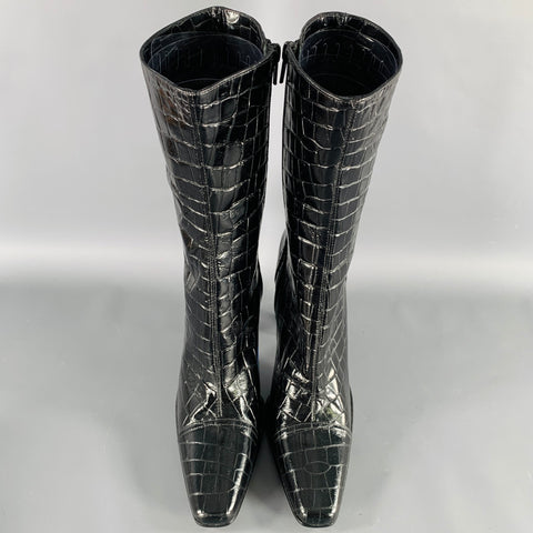 PACIOTTI Size 8 Black Leather Croc Embossed Side Zipper Boots