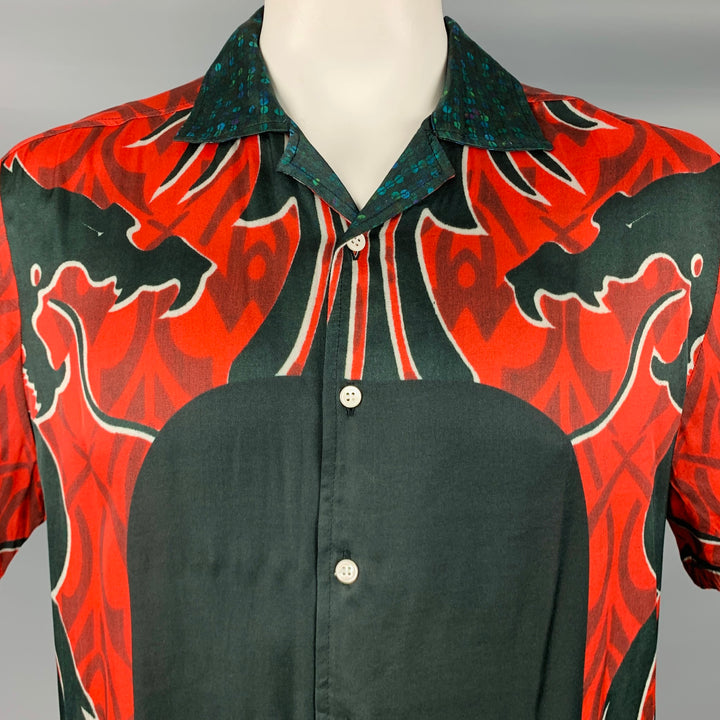 PHIPPS Talla L -Dragon Warrior- Camisa de manga corta de viscosa gráfica roja y negra
