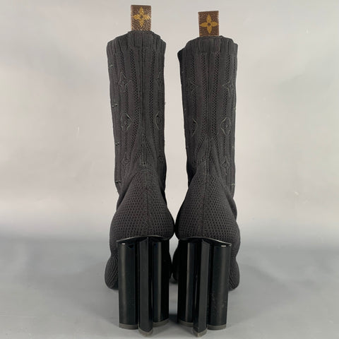 LOUIS VUITTON Size 9 Black Nylon Knit Monogram Chunky Heel Sock Boots