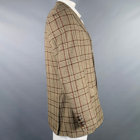 BRIONI Size 42 Long Taupe Black Red Glenplaid Cashmere Sport Coat