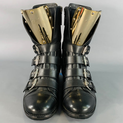 GIUSEPPE ZANOTTI Size 7 Black Gold Leather Metal Buckles Lace-Up Zipper Boots