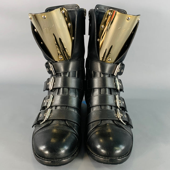 GIUSEPPE ZANOTTI Size 7 Black Gold Leather Metal Buckles Lace-Up Zipper Boots