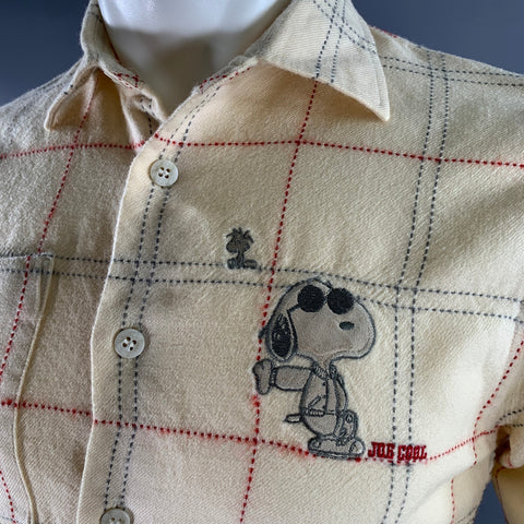GREENCLUB Size S Cream Red Grey Stiched Plaid Wool Long Sleeve Shirt