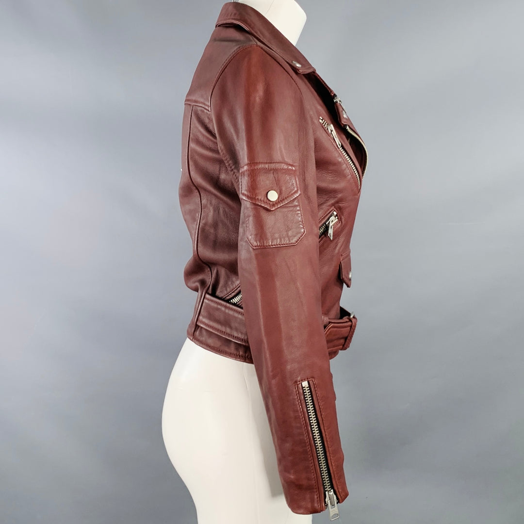 ALLSAINTS Size 0 Harland Burgundy Lambskin Leather Biker Jacket