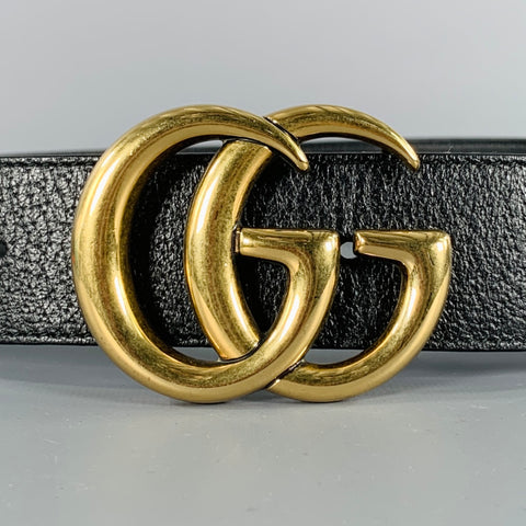 GUCCI Size 30 Black Gold Monogram Leather Metal Belt