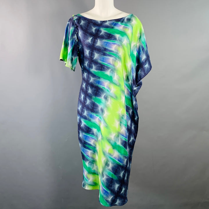 PRABAL GURUNG Size 6 Blue Green Silk Tie Dye Asymmetrical Batwing Midi Dress