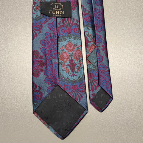 FENDI Blue Fuchsia Floral Silk Tie