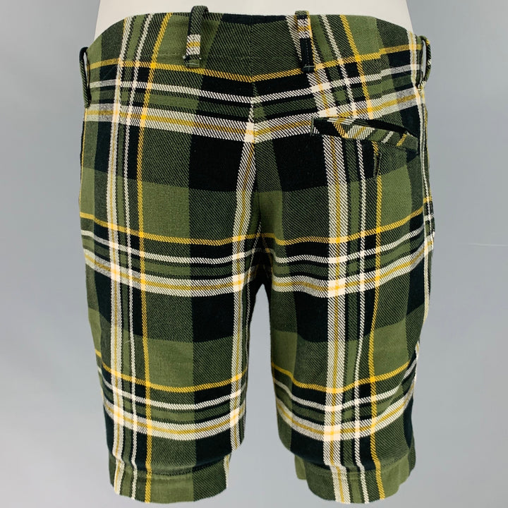 TOMAS MAIER Talla 31 Pantalones cortos con bragueta de botones de algodón a cuadros amarillo verde