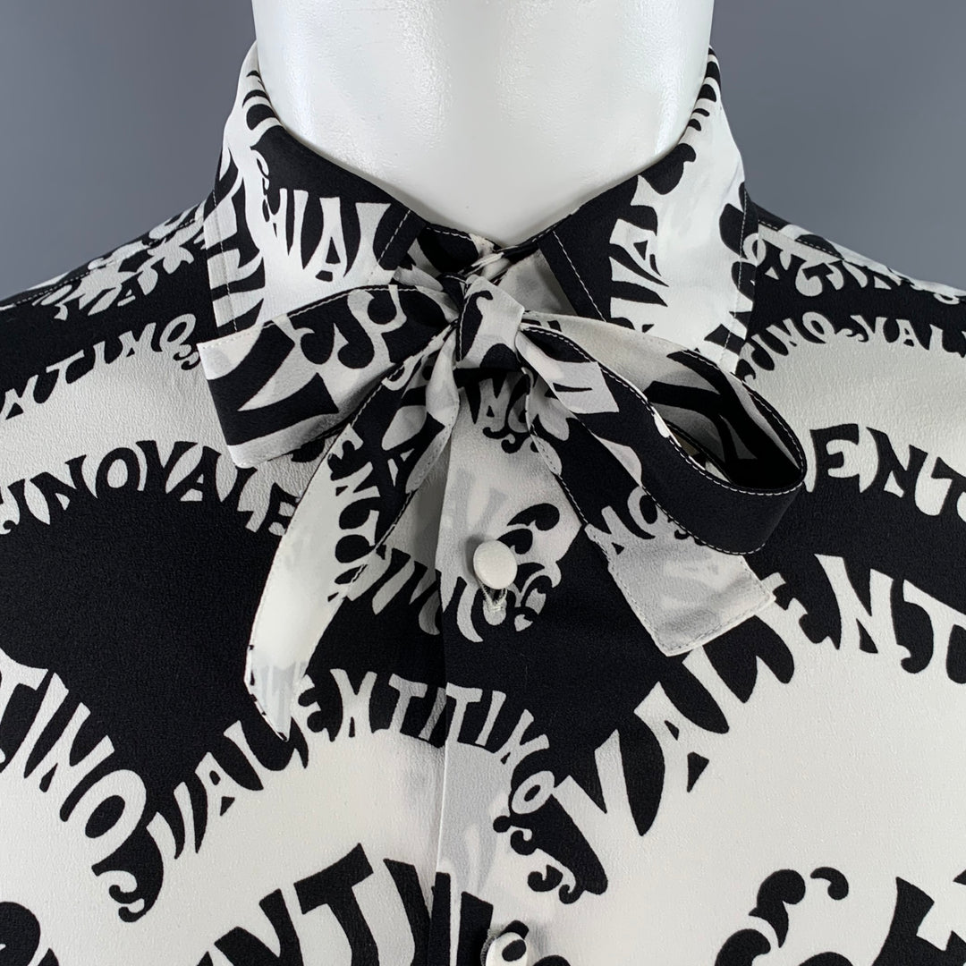 VALENTINO SS 1970 Archive Size S Black White Wave Print Silk Button Up Long Sleeve Shirt