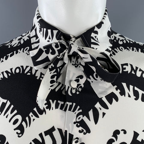 VALENTINO SS 1970 Archive Size S Black White Wave Print Silk Button Up Long Sleeve Shirt