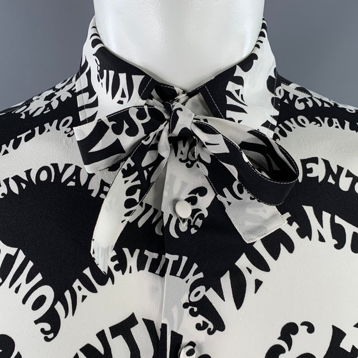 VALENTINO SS 1970 Archive Size S Black White Wave Print Silk Button Up Long Sleeve Shirt