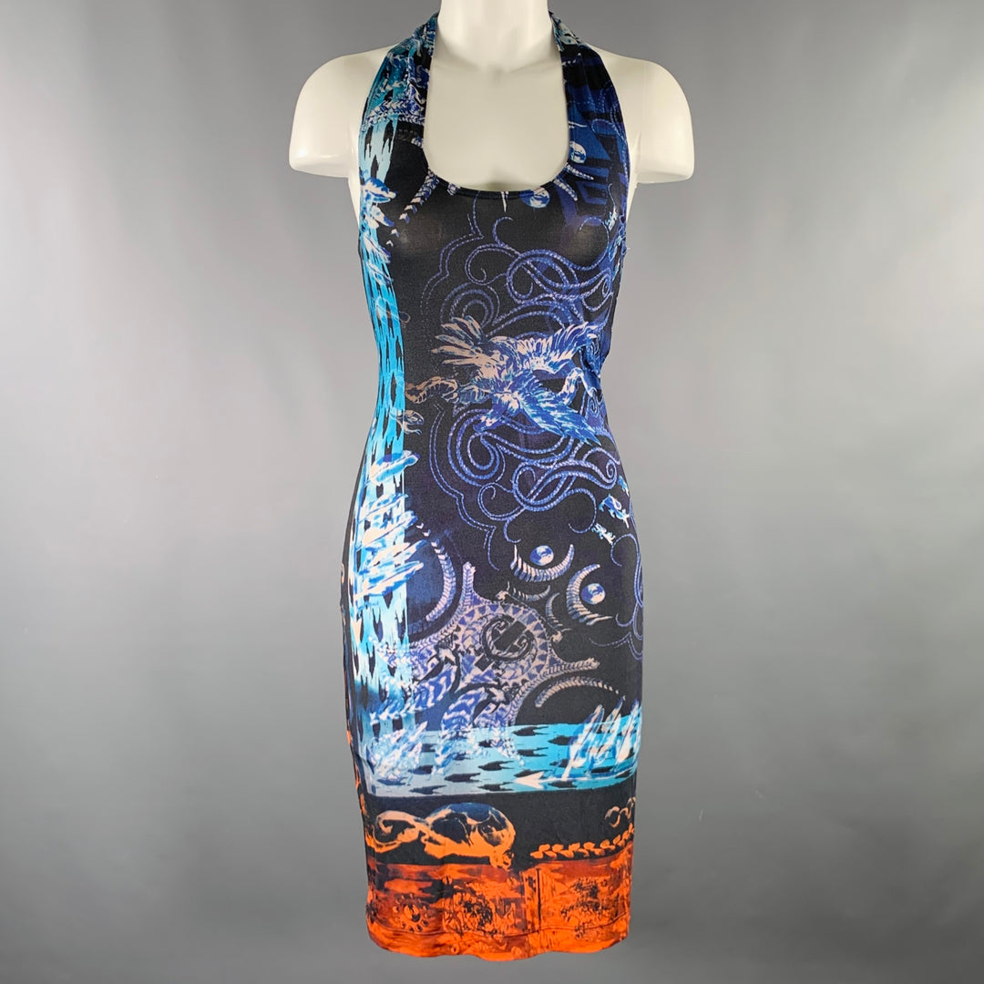 BALMAIN Size XS Black Blue Viscose Blend Abstract Tank Dress