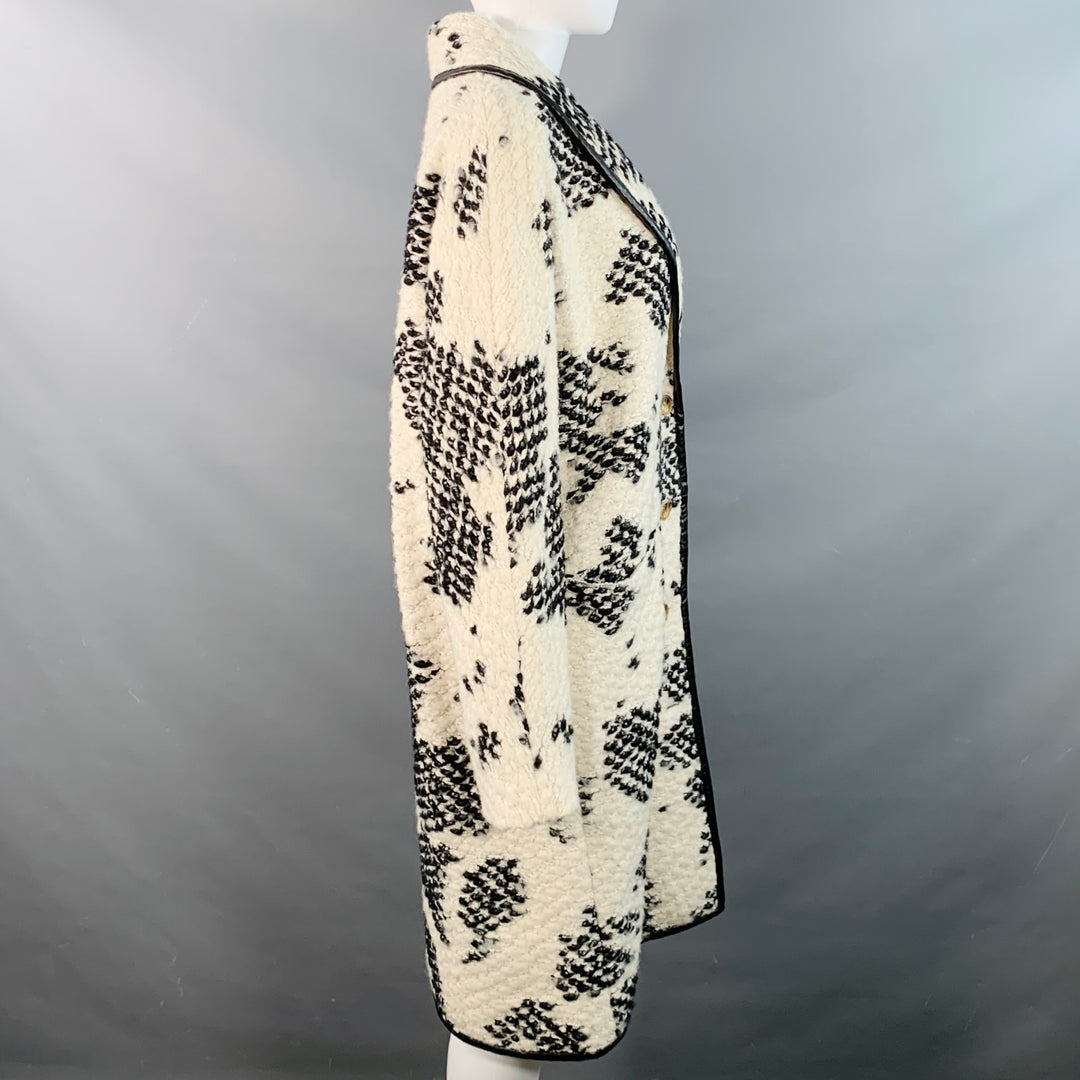 DEREK LAM Size 6 White Black Acrylic Blend Knit Contrast Trim Coat