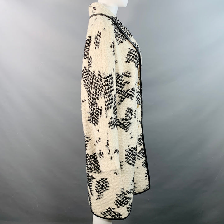 DEREK LAM Size 6 White Black Acrylic Blend Knit Contrast Trim Coat