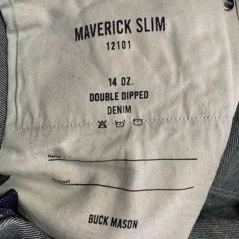 BUCK MASON Size 34 Maverick Slim Navy Contrast Stitch Cotton Blend Button Fly Jeans