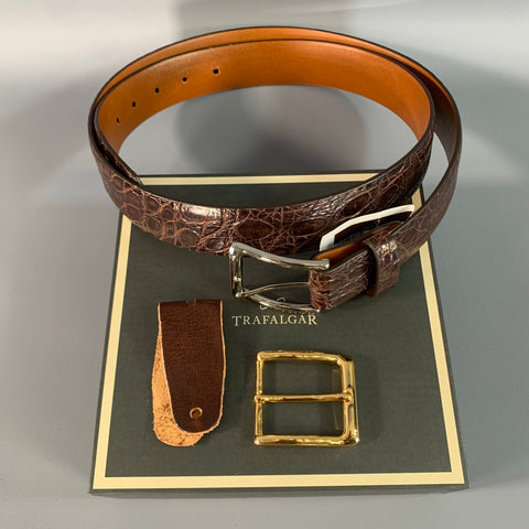 TRAFALGAR Size 42 Brown Croc Embossed Crocodile Belt