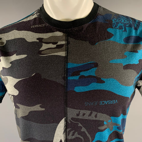 VERSACE Size S Navy Grey Black Tiger Camo Cotton Panelled T-shirt