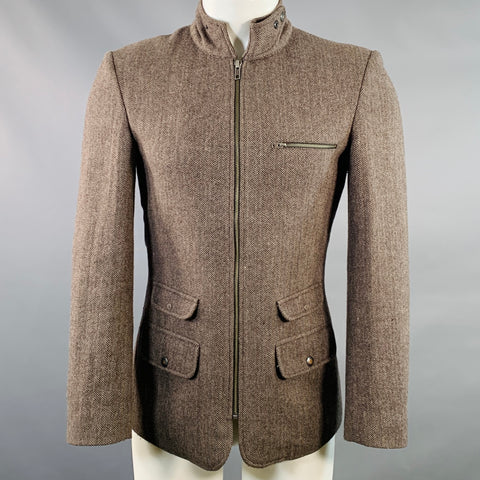 MENK Size S Brown Herringbone Wool Blend Zip Up Jacket