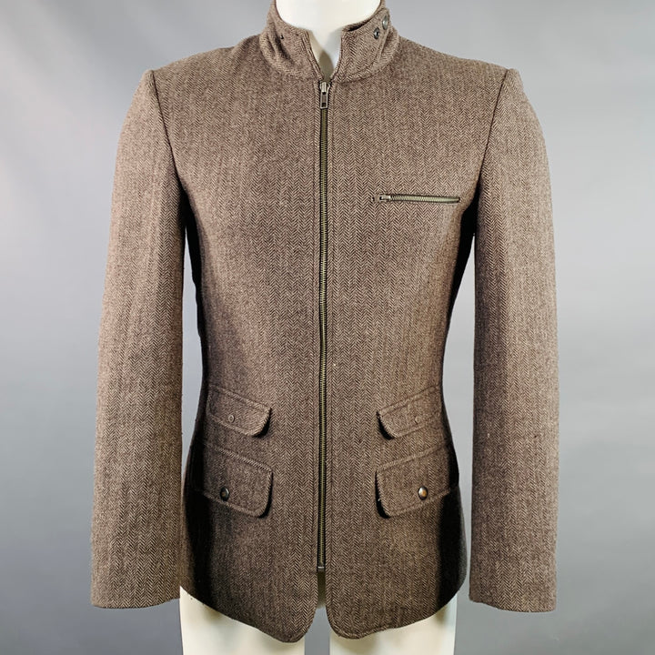 MENK Size S Brown Herringbone Wool Blend Zip Up Jacket