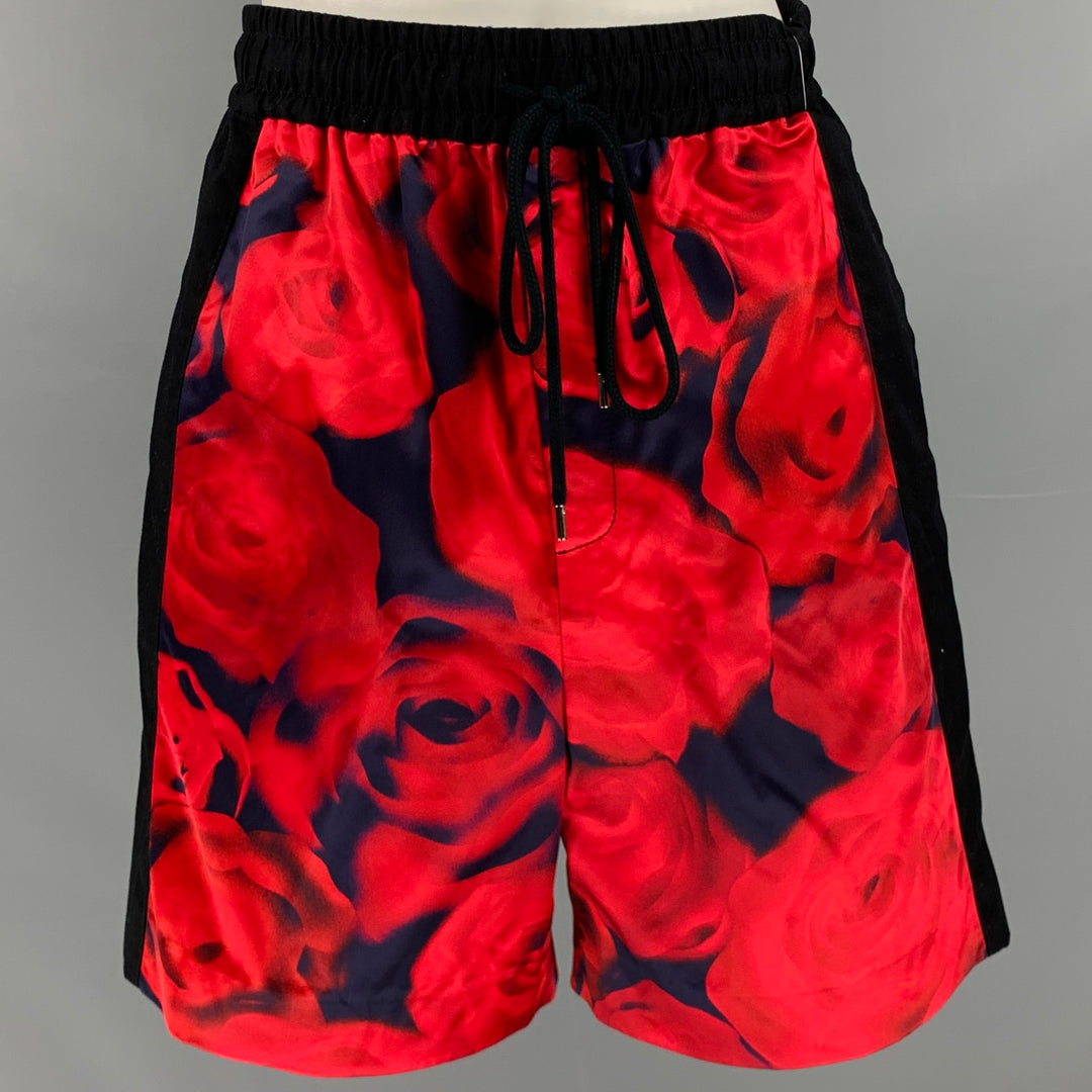 PRABAL GURUNG Size S Red Black Floral Roses Athletic Shorts