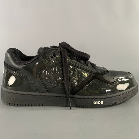 DIOR Size 10.5 Black Logo Patent Leather Low Top Sneakers