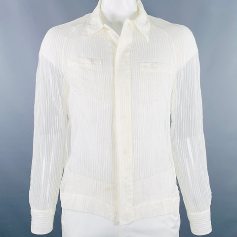 LA PERLA Size L Cream Stripe Cotton Silk Hidden Buttons Long Sleeve Shirt