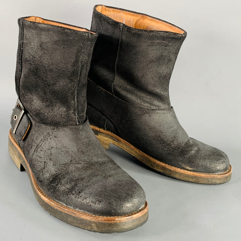 MAISON MARTIN MARGIELA Size 8 Black Distressed Roughout Leather Buckle Ankle Boots