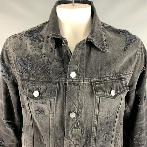AMIRI Size XL Black Grey Distressed Cotton Trucker Jacket