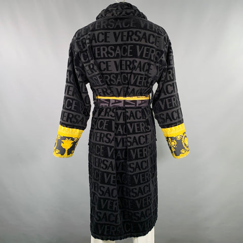 VERSACE Size XL Black Gold Textured Cotton Shawl Collar Robe