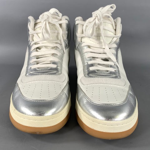 SAINT LAURENT Size 12 White Silver Color Block Leather High Top Sneakers