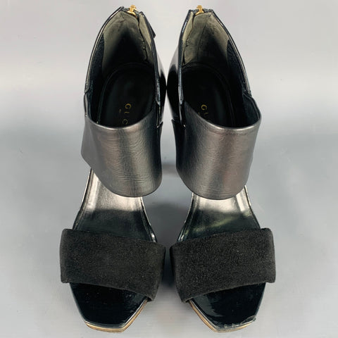 GUCCI Size 8.5 Black Gold Suede Patent Leather Ankle Sandals