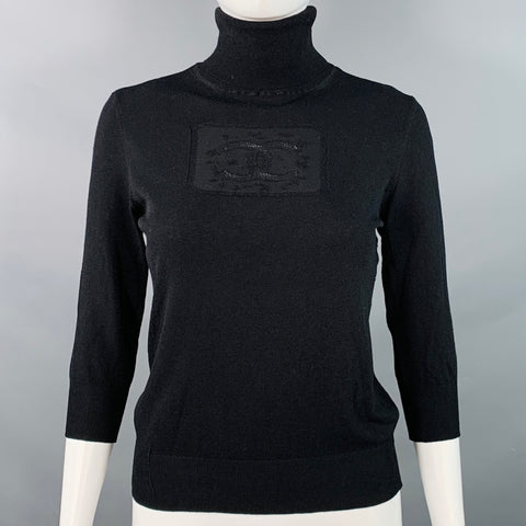 CHANEL Vintage Spring 2003 Size 8 Black Rayon Blend Jersey Logo Turtleneck Casual Top