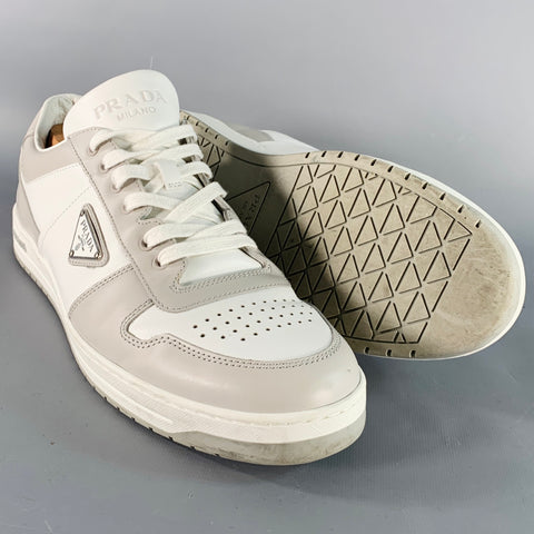 PRADA Size 11 White Grey Color Block Perforated Leather Logo Low Top Sneakers