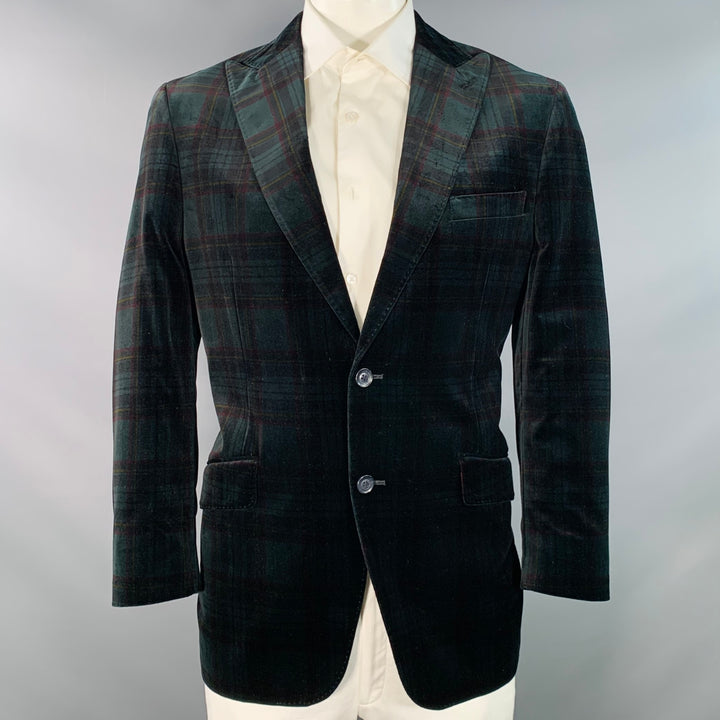 KROON Size 42 Long Green Red Plaid Cotton Velvet Peak Lapel Sport Coat