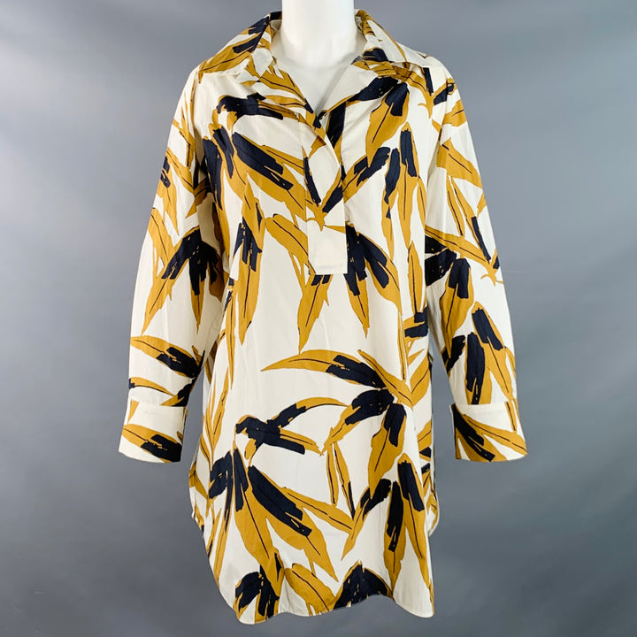MARNI Size 2 White Mustard Cotton Tropical Leaves Half Placket Pullover