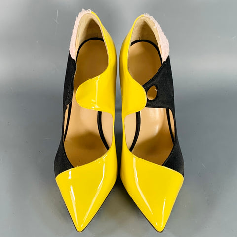GIANNICO Size 8.5 Yellow Black Pink Color Block Mixed Fabrics Stiletto Pumps