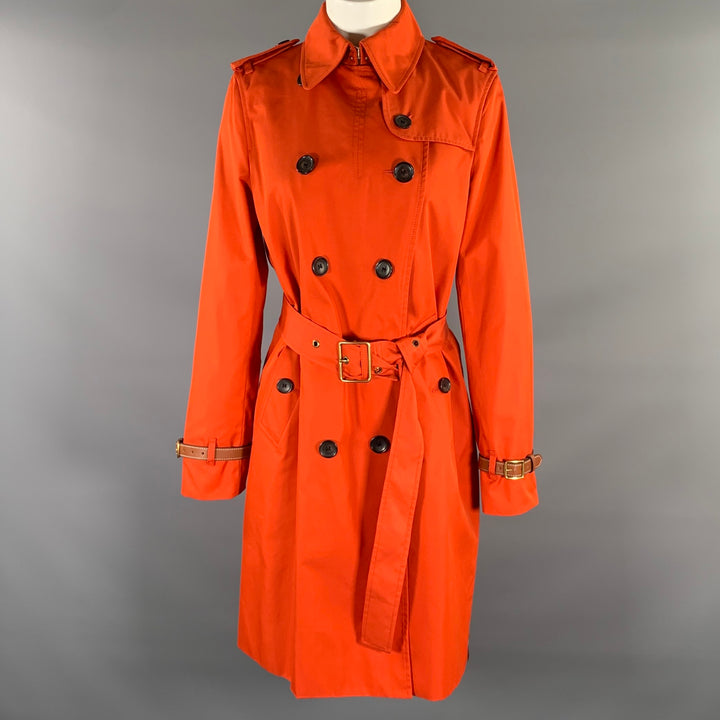 COACH Size M Orange Cotton / Polyester Leather Trim Double Breasted Trench Coat