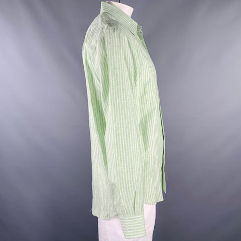 BRIONI Size L Green Stripe Linen Button Up Long Sleeve Shirt