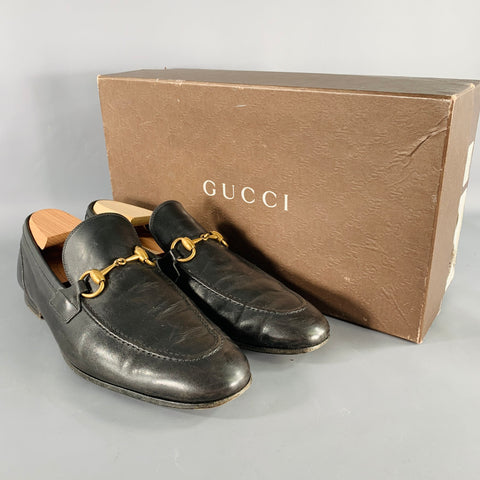 GUCCI Size 9.5 Black Gold Horsebit Leather Loafers