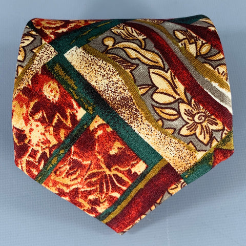 ERMENEGILDO ZEGNA Burgundy Green Abstract Silk Tie