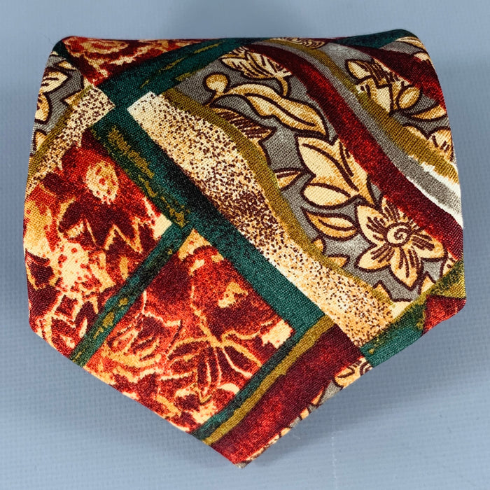 ERMENEGILDO ZEGNA Burgundy Green Abstract Silk Tie