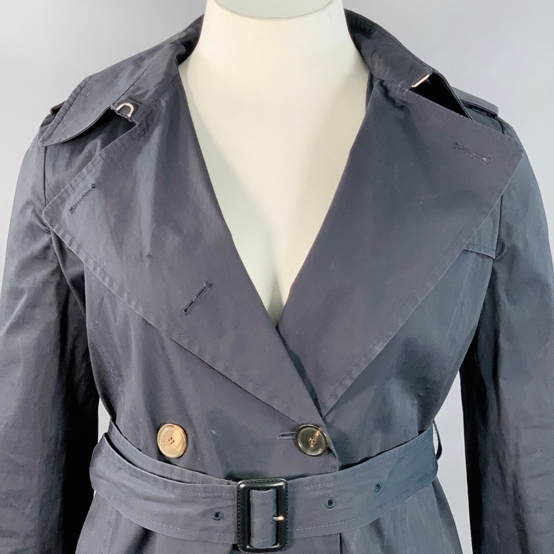 BALENCIAGA Size 10 Navy Cotton Belted A-Line Double Breasted Trench Coat