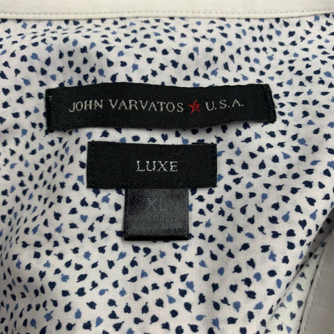 JOHN VARVATOS * U.S.A. Size XL White Blue Dots Cotton Blend Short Sleeve Shirt