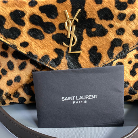 YSL Brown Black 710318 Leopard Pony Hair Envelope Bag