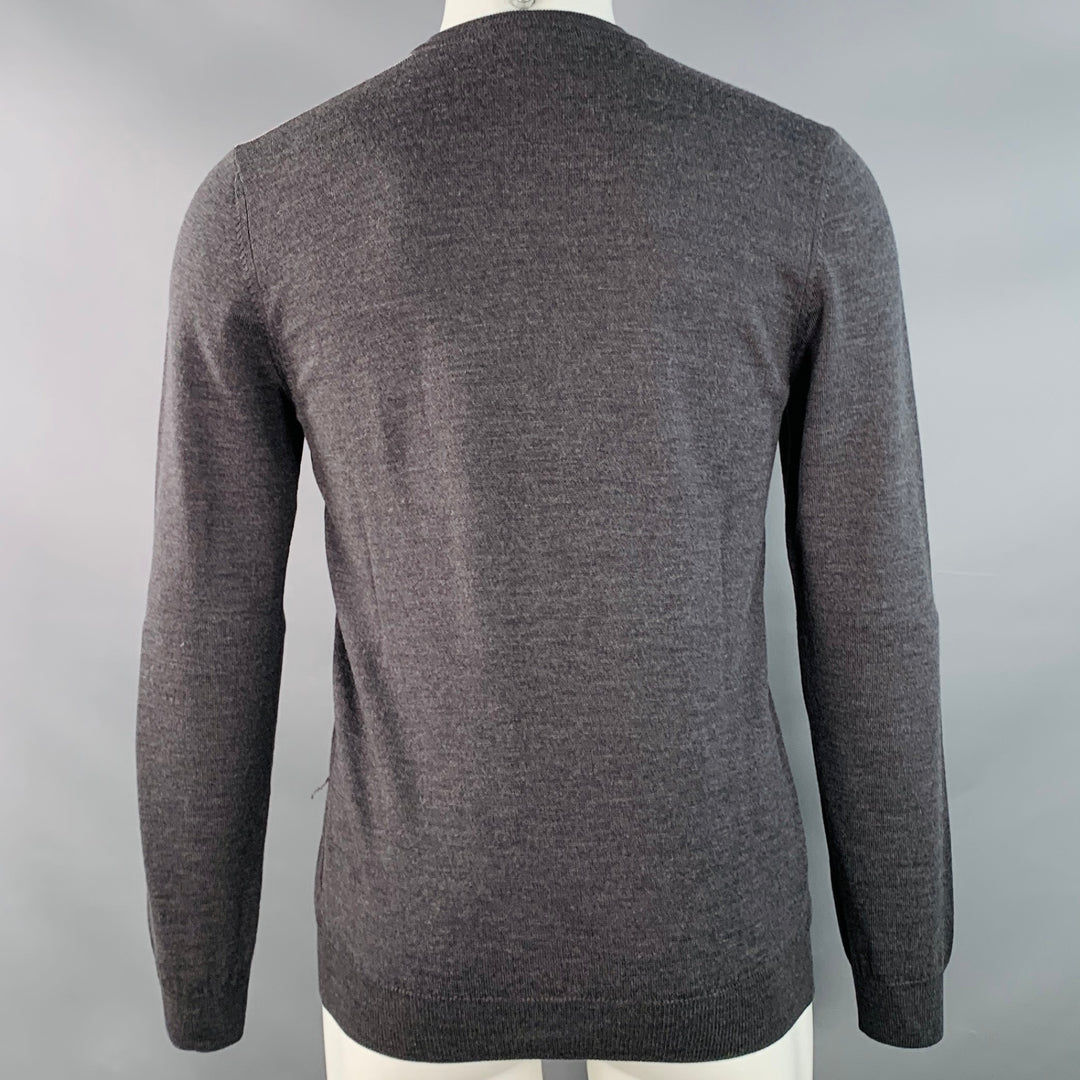 GUCCI Size M Charcoal Grey Red Green Contrast Trim Wool V-Neck Pullover