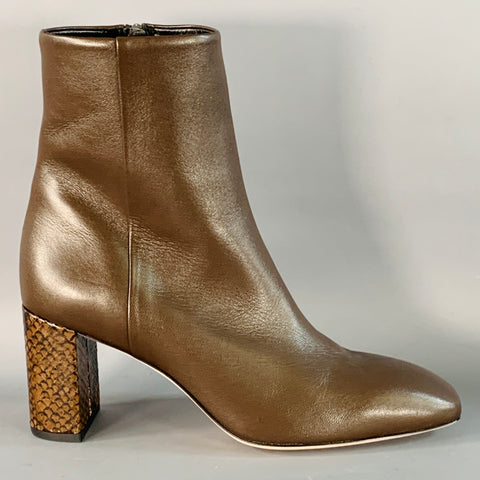 AEYDE Size 10 Brown Leather Snakeskin Chunky Heel Side Zipper Ankle Boots