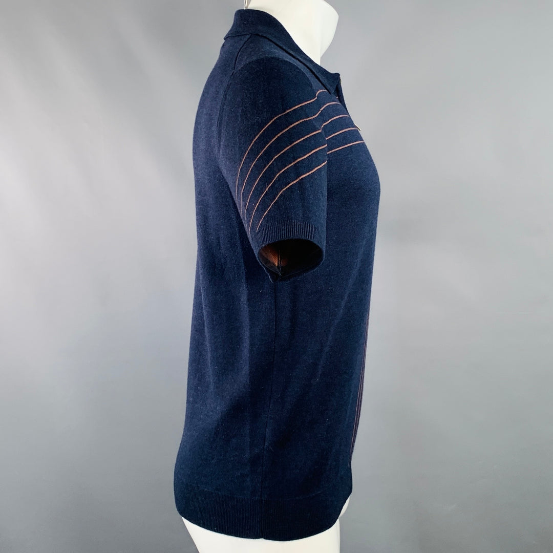 REISS Size S Kade Navy Copper Lines Viscose Blend Zip Up Polo