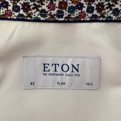 ETON Size L White Navy Floral Cotton Button Up Long Sleeve Shirt