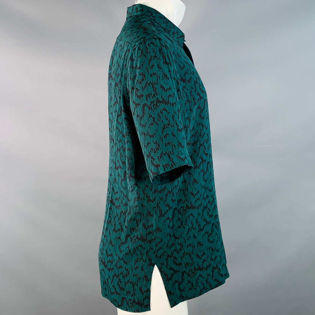 SAINT LAURENT Size S Green Black Abstract Zig Zag Silk Spread Collar Short Sleeve Shirt