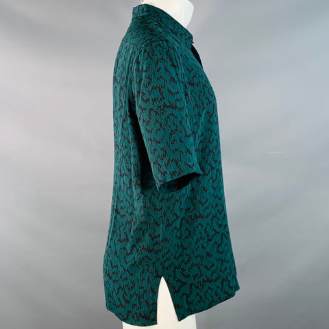 SAINT LAURENT Size S Green Black Abstract Zig Zag Silk Spread Collar Short Sleeve Shirt
